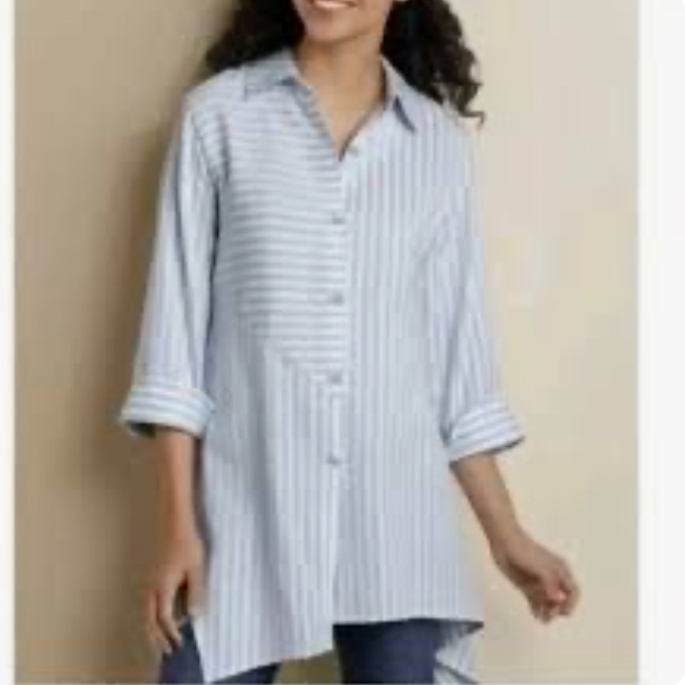 Soft Surroundings Standout Tunic Shirt Blouse White Striped Asymmetrical Hem XS